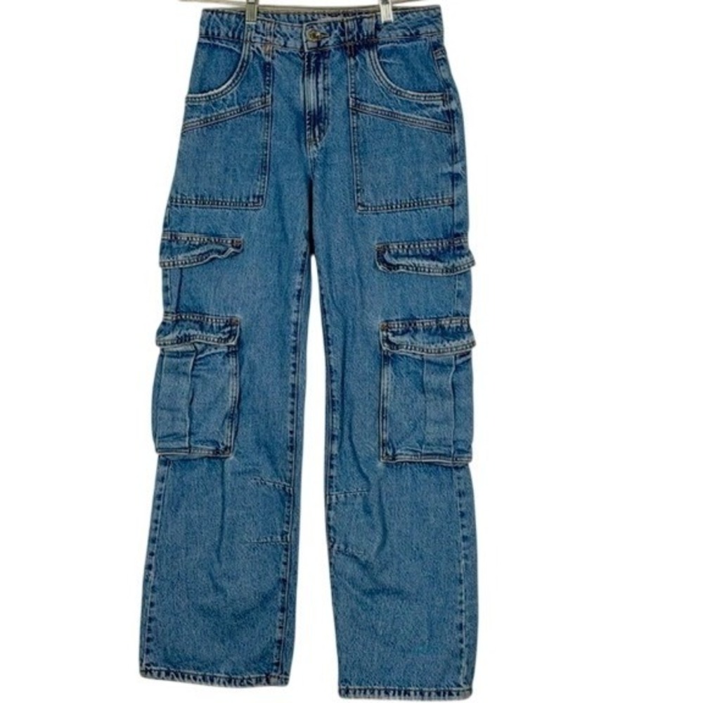GARAGE DENIM Women's Blue Cargo Jeans Sz 3 Baggy wide leg‎ Streetwear Y2K Trendy